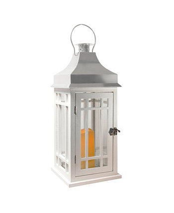 Белый деревянный фонарь Lumabase с хромированной крышей и светодиодной свечой JH Specialties Inc / Lumabase