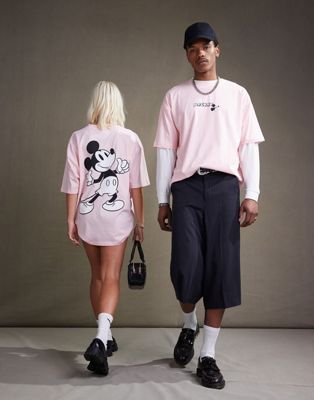 ASOS DESIGN Disney unisex oversized t-shirt with Mickey Mouse prints in washed pink ASOS DESIGN