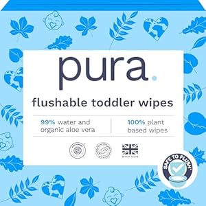 Pura Flushable Toddler Wipes 3 x 60 Wipes (180 Wipes), 100% Plastic Free, 99% Water, Hypoallergenic & Fragrance Free, Totally Chlorine Free, Kids Toilet Wipes, Potty Training Pura