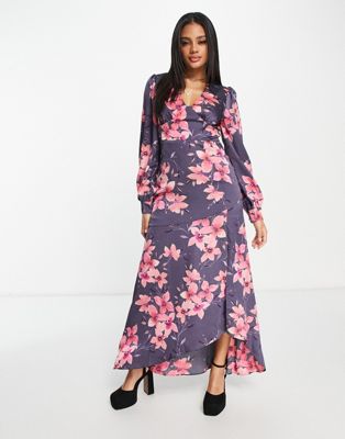 Ликерное атласное платье-макси с разрезом розового и темно-серого цвета с цветочным принтом Liquorish