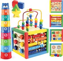 Wooden Activity Play Cube 6 in-1 for Baby with Bead Maze, Shape Sorter, Abacu, Sliding Shapes Play22