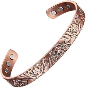 MagEnergy Copper Bracelets for Women, 99.9% Pure Copper Vintage Flower Magnetic Bangle with 3500 Gauss Magnets,6.8" Adjustable Cuff Jewelry Gift (2pcs) MagEnergy