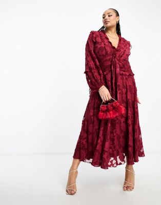 Эксклюзивное бордовое платье миди с оборками и завязками спереди ASOS DESIGN Curve ASOS Curve