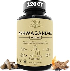 Organic Ashwagandha Root & Irish Sea Moss – 3,600 mg Ashwagandha Supplement with Black Seed Oil, & Burdock Root – Herbal Supplement for Energy, Stress Relief, Extra Strength, 60 Caps Garden of Herbz