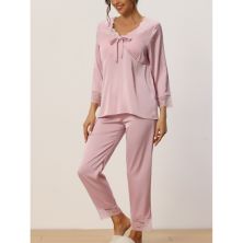 Womens Two Piece Pajamas Sets Silky Lace Long Sleeve Top With Pant Casual Sleepwear Loungewear Cheibear