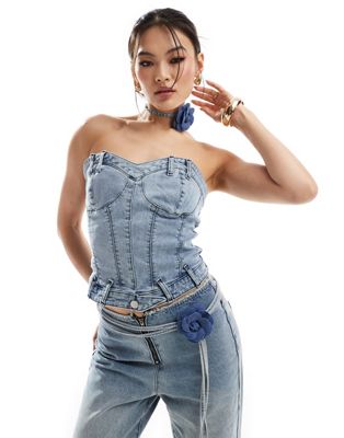 Simmi denim structured sweetheart neck corset top with corsage choker in light wash blue - part of a set Simmi Clothing