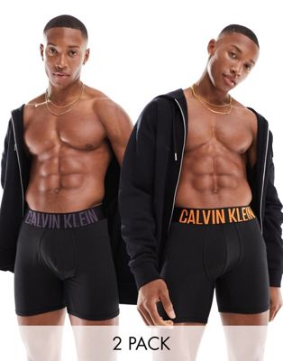 Calvin Klein intense power 2-pack boxers with colored logo waistband in black Calvin Klein