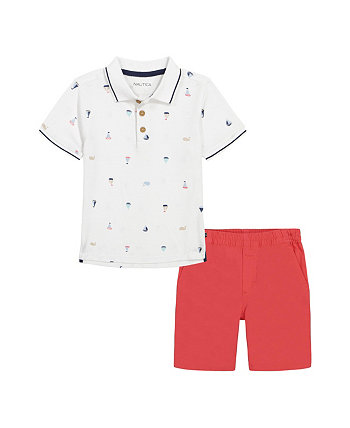 Рубашка-поло из пике с принтом для мальчиков и предварительно постиранные шорты из твила, набор из 2 предметов Nautica