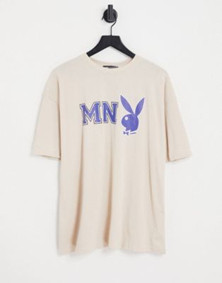 Mennace x Playboy t-shirt with chest and back logo in cream Mennace