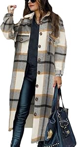 PUWEI Women's Casual Lapel Button Down Long Plaid Shirt Coat Tartan Shacket Jacket PUWEI