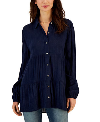 Women's Textured-Stripe Tiered Button Shirt, Created for Macy's Style & Co