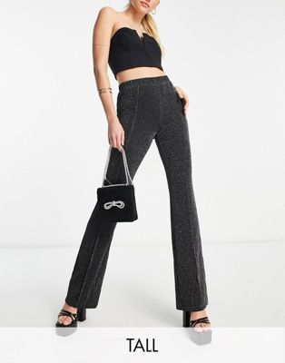 Pieces Tall glitter high rise flared pants in black Pieces Tall
