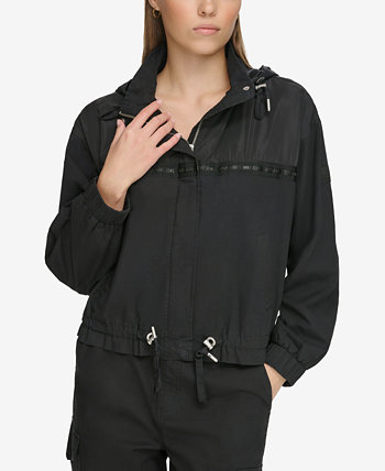 Женская куртка с капюшоном и молнией спереди с отделкой логотипом DKNY