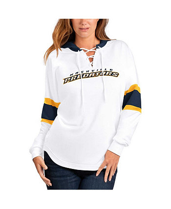 Women's White, Navy Nashville Predators Goal Zone Long Sleeve Lace-Up Hoodie T-shirt G-III