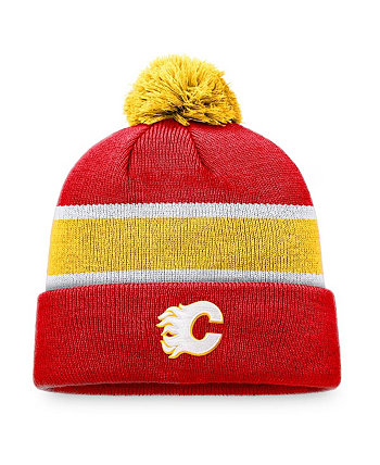 Мужская красно-желтая вязаная шапка с отстегивающимися манжетами и помпоном Calgary Flames Fanatics