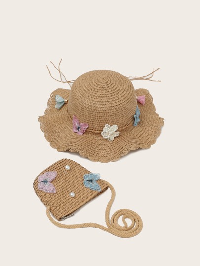 для девочек Соломенная шляпа с бабочкой с фестончатой отделкой & Сумка SHEIN