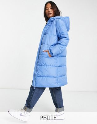 Pieces Petite longline padded coat with hood in ice blue Pieces Petite