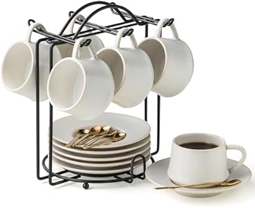 YHOSSEUN 3 Ounces Espresso Cups with Saucers Set, Porcelain Latte Cups and Metal Stand Demitasse Cups for Espresso, Latte, Cafe Mocha, Cappuccino and Tea, Set of 6, Black YHOSSEUN