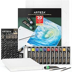 Arteza Acrylic Painting Art Set, 12 Colors Acrylic Paint, 15 Detail Brushes and 7x8.6 Inches Foldable Canvas Paper Pad Bundle, Art Supplies for Artists & Hobby Painters ARTEZA