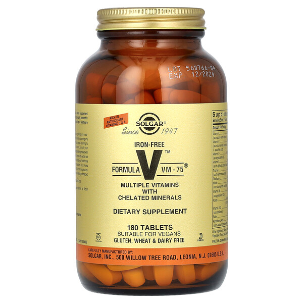 Формула V VM-75, Мультивитамины с хелатными минералами, Без железа - 180 таблеток - Solgar Solgar