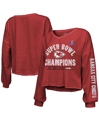 Женская красная рваная футболка Kansas City Chiefs Super Bowl LVIII Champions Always Champs с открытыми плечами и длинными рукавами с v-образным вырезом Majestic