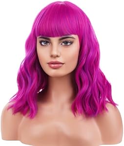 BERON 14 Inches Pink Wig for Women Girls Short Curly Synthetic Wig with Bangs Lovely Pink Beron