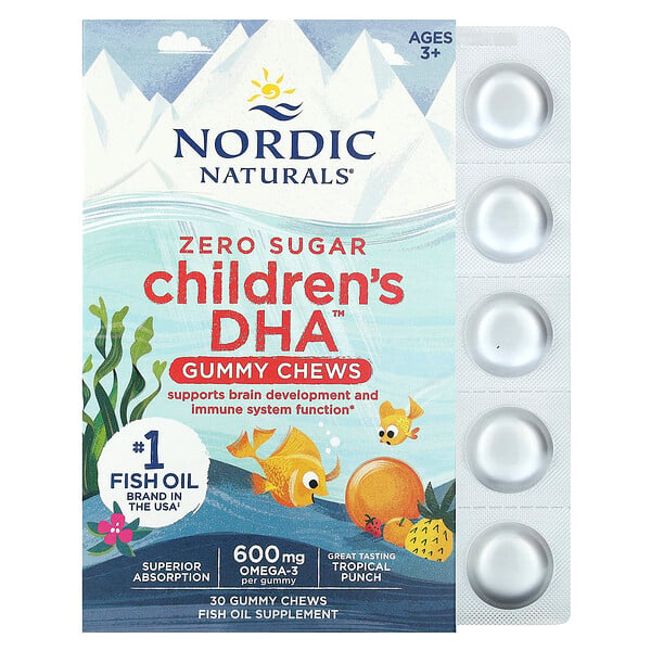 Детские жевательные конфеты с ДГК, для детей от 3 лет, тропический пунш, 600 мг, 30 жевательных конфет Nordic Naturals