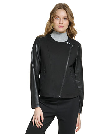 Женская байкерская куртка без воротника из разных материалов DKNY