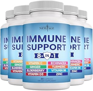 8 in 1 Immune Support Booster Supplement with Echinacea, Vitamin C and Zinc 50mg, Vitamin D 5000 IU, Turmeric Curcumin & Ginger, B6, Elderberry 60 Count (Pack of 1) NEW AGE