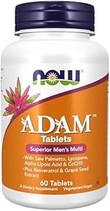 NOW Foods Supplements, ADAM™ Men's Multivitamin with Saw Palmetto, Lycopene, Alpha Lipoic Acid and CoQ10, Plus Natural Resveratrol & Grape Seed Extract, 60 Tablets (Таблетки) NOW Foods