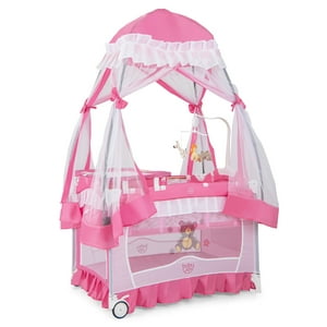 Costway Baby Playard Crib Bed 4 in 1 Portable with Changing Table Canopy Music Box Pink Visit the Costway Store