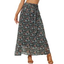 Boho Long Skirt For Women's Smocked Tie Waist Chiffon Tropical Floral Maxi Skirts ALLEGRA K