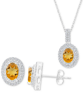2-Pc. Set Citrine (2-3/8 ct. t.w.) & Lab-Grown White Sapphire (1-1/10 ct. t.w.) Oval Halo Pendant Necklace & Matching Stud Earrings in Sterling Silver Macy's