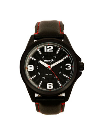 Мужские часы, черный корпус 48 мм IP, черный циферблат с вырезом, белые арабские цифры, черный ремешок с красной строчкой, аналоговый, красная секундная стрелка Wrangler