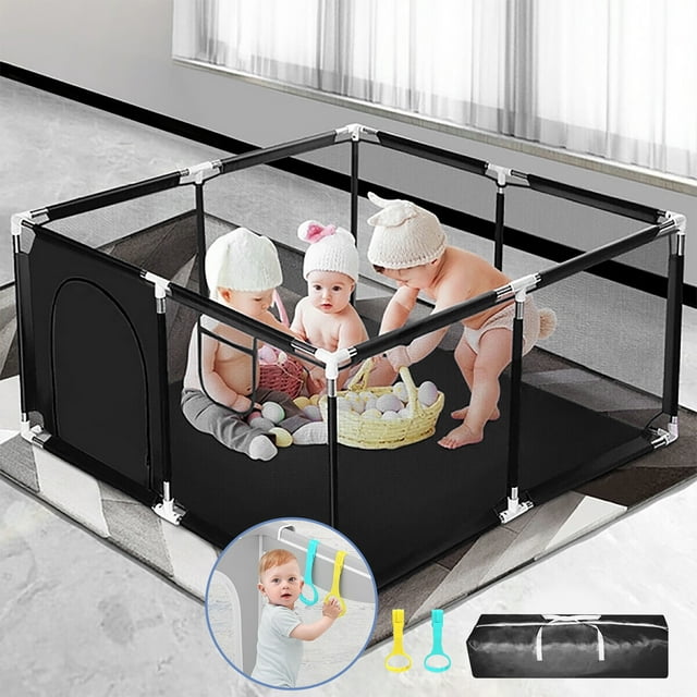 Baby Playpen, Outdoor Play Yard, Portable Play Yard 4-Panel- Baby Safety Playpen for Infant Toddler Black HioHa