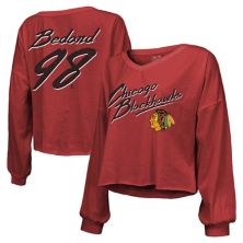 Women's Majestic Threads Connor Bedard Red Chicago Blackhawks Off-Shoulder Name & Number Long Sleeve Cropped V-Neck T-Shirt Majestic Threads