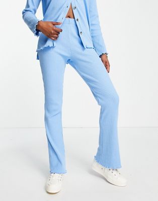 Синие расклешенные брюки в рубчик с салатовыми краями - часть комплекта. Pieces