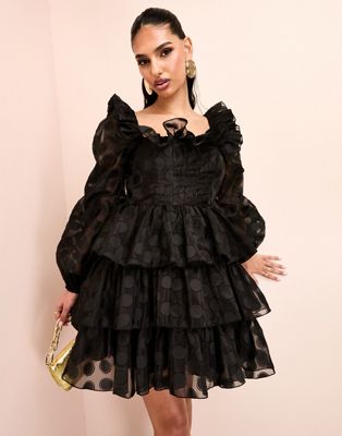 Черное многоярусное мини-платье в горошек с рукавами-блузонами и рюшами ASOS LUXE ASOS Luxe