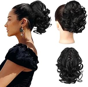 REECHO 9" Short Ponytail Extension, Classic Loose Curly Wavy Claw Clip Pony tails Hair Extensions HP001 Hairpieces for Women - Ash Brown with Platinum Highlights REECHO