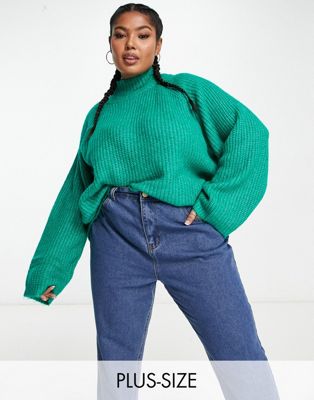 Pieces Curve exclusive high neck sweater with flared sleeve in green Pieces Plus