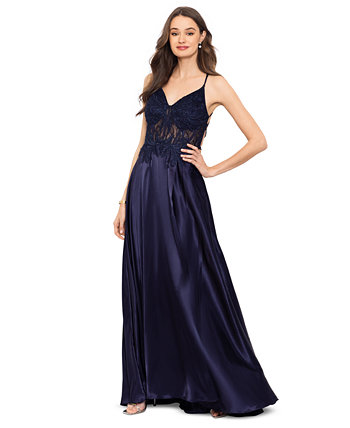 Juniors' Lace-Bodice Lace-Up A-Line Gown Blondie Nites