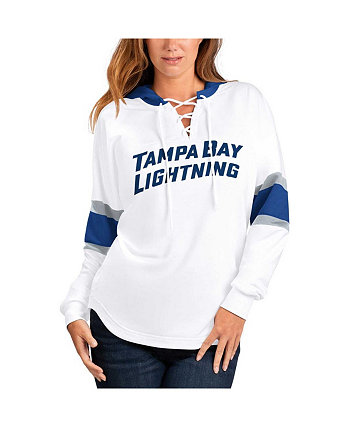 Women's White, Blue Tampa Bay Lightning Goal Zone Long Sleeve Lace-Up Hoodie T-shirt G-III