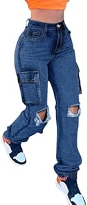 Women's High Waisted Ripped Boyfriend Cargo Jeans Distressed Denim Pants with Flap Pockets EZAPINE