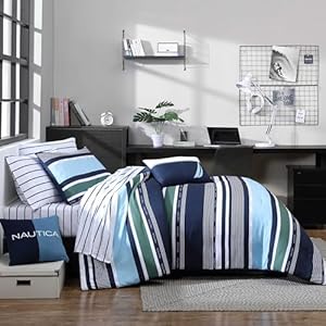 Nautica - Twin Comforter Set, Luxuriously Soft Seersucker Textured Bedding with Matching Sham, Wrinkle-Free Striped Home Decor, Dorm Room Essentials (Bradlee Blue, Twin) Nautica