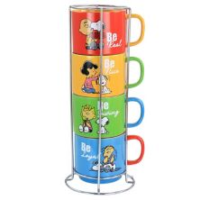 Gibson Everyday Peanuts Classic Gentle Reminders Collection 4 Piece Stoneware Stackable Mug Set with Metal Stand in Assorted Colors Gibson Home