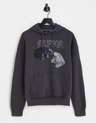 ADPT washed oversized hoodie with front cat print in dark gray  ADPT
