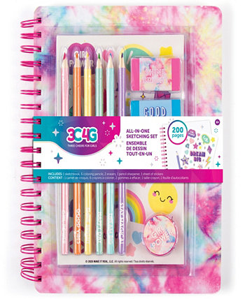 3C4G Универсальный набор для рисования Pastel Tie Dye Make It Real, для девочек-подростков, книга на 200 страниц, включает 6 цветных карандашей, 2 ластика, лист наклеек с точилкой для карандашей, заметки в классе, эскизы рисунков, товары для творчества, дневник Three Cheers For Girls