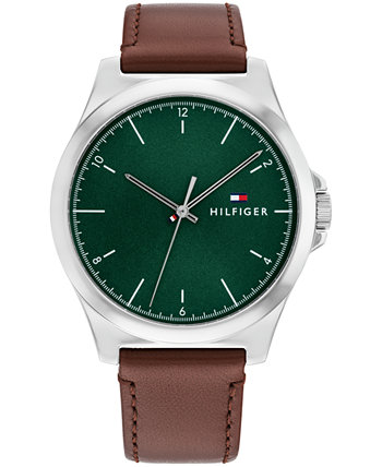 Мужские кварцевые коричневые кожаные часы 43 мм Tommy Hilfiger
