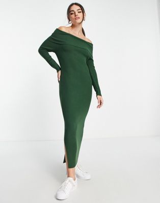  Зеленое платье макси в рубчик с открытыми плечами M Lounge M Lounge