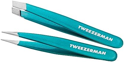 Tweezerman Majestic Turquoise Micro Mini Slant & Point Tweezer Set - Eyebrow Tweezers for Women and Men Tweezerman